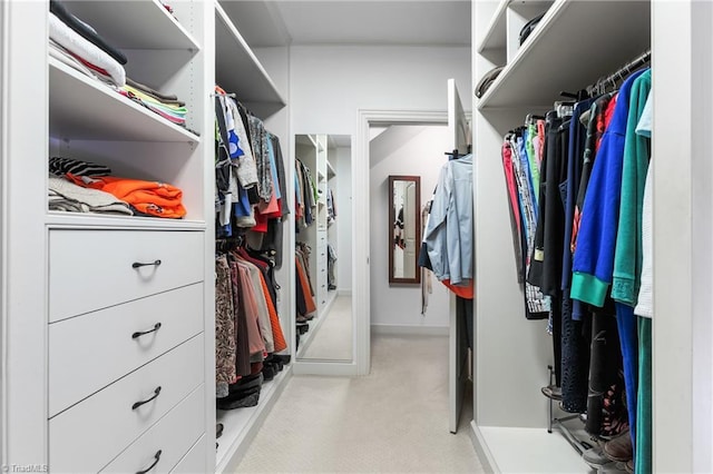 walk in closet with light carpet