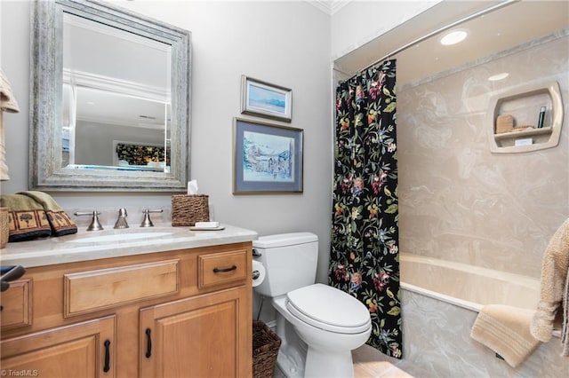 full bathroom featuring vanity, shower / tub combo, and toilet