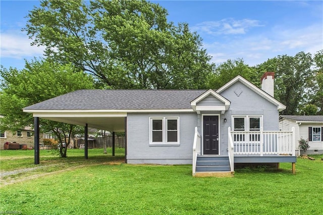 3885 Leo St, Winston-Salem, NC 27105 - view of front facade featuring a chimney, a front yard, and roof with shingles