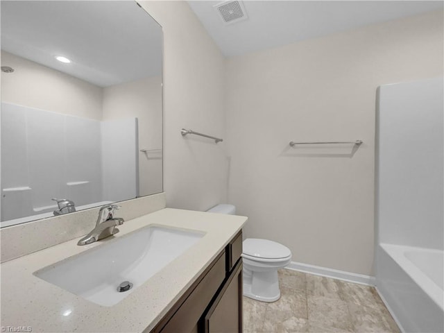 full bath with visible vents, toilet, vanity, and baseboards