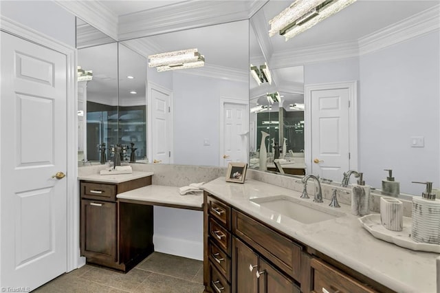full bathroom with vanity and ornamental molding