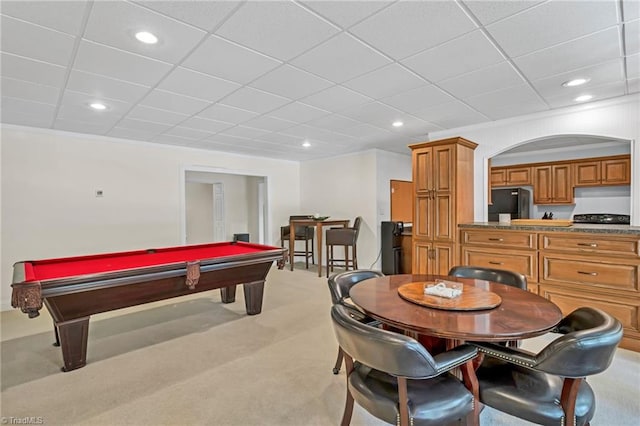 recreation room featuring light colored carpet, billiards, a paneled ceiling, and recessed lighting
