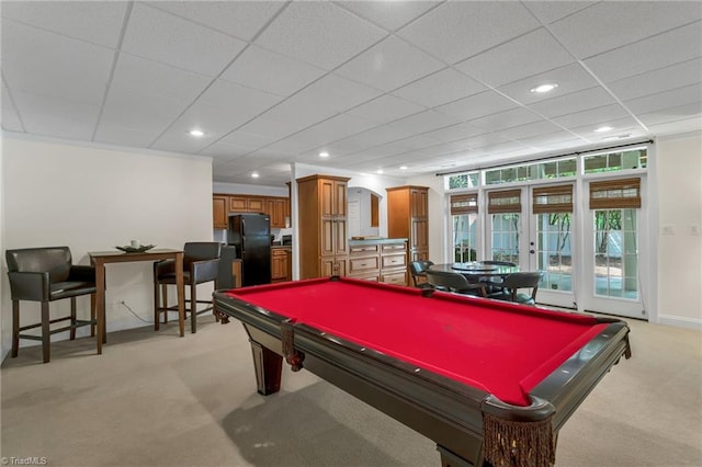 recreation room featuring recessed lighting, light carpet, french doors, and billiards
