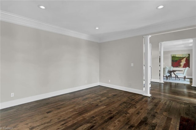 unfurnished room with baseboards, ornamental molding, dark wood finished floors, and recessed lighting