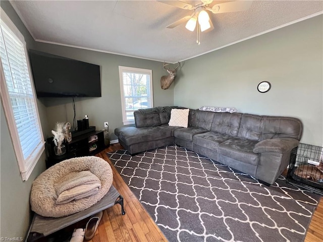 living room with a textured ceiling, ornamental molding, wood finished floors, and a ceiling fan