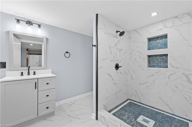 308 Worrell St, Thomasville, NC 27360 - full bathroom with a tile shower, vanity, marble finish floors, and recessed lighting