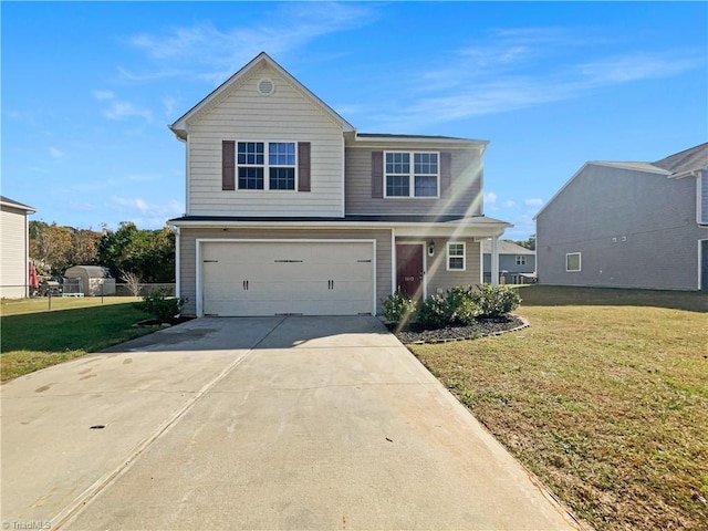 view of front facade featuring a front yard and a garage