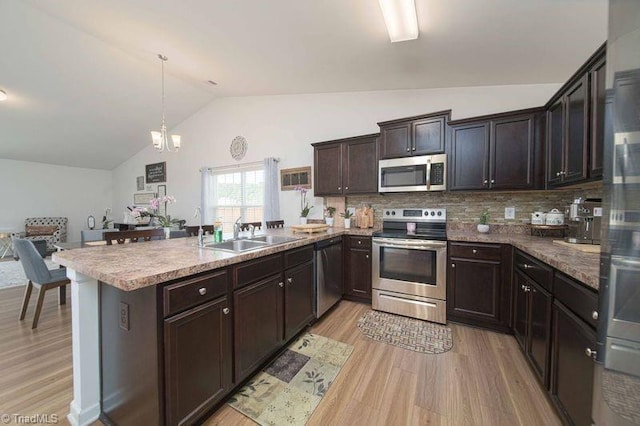 kitchen featuring stainless steel appliances, a sink, lofted ceiling, light wood-type flooring, and a peninsula