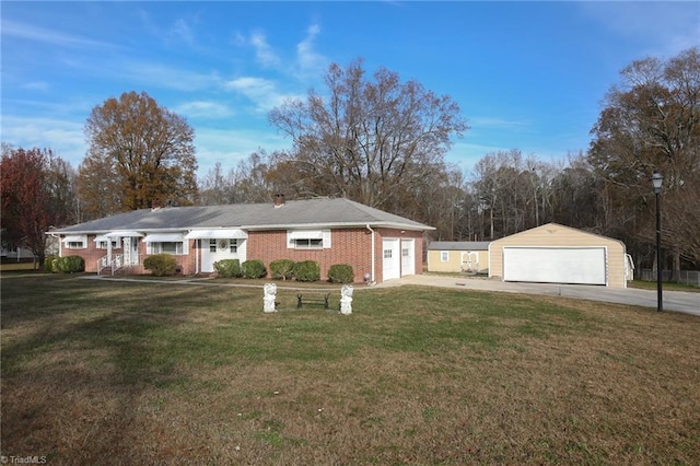 ranch-style house with a garage and a front lawn