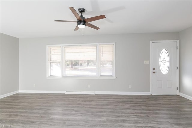 entryway with hardwood / wood-style floors and ceiling fan