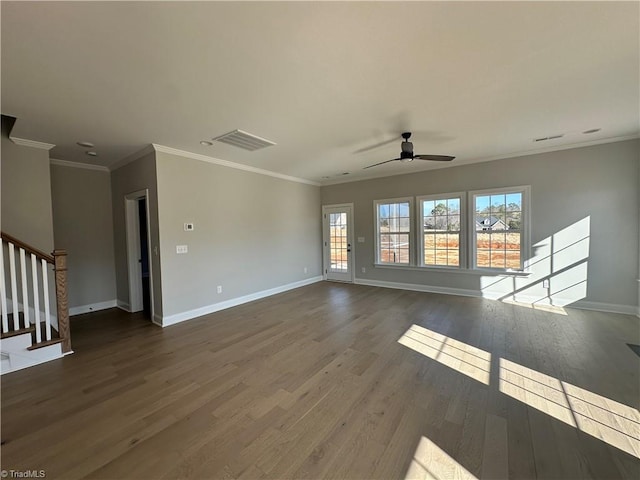 unfurnished living room with visible vents, baseboards, ceiling fan, stairway, and wood finished floors
