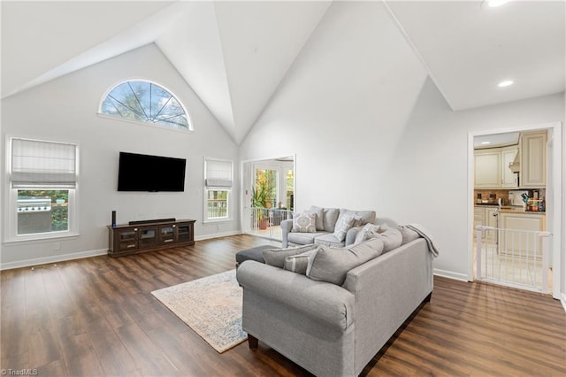 living room featuring dark wood-type flooring, plenty of natural light, and high vaulted ceiling