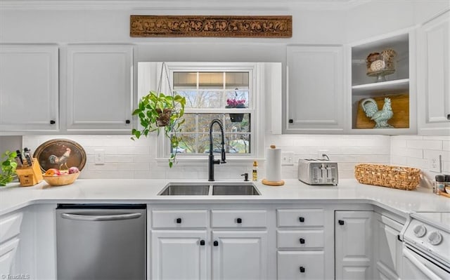 kitchen featuring dishwasher, white cabinets, white range with electric cooktop, and a sink