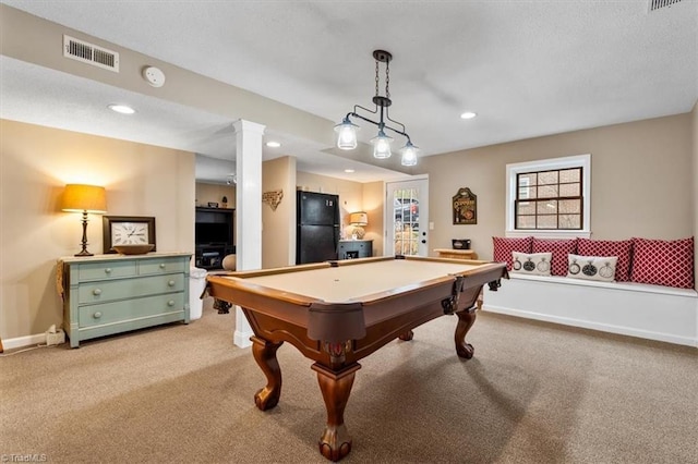 game room featuring recessed lighting, visible vents, light colored carpet, and baseboards