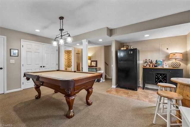 rec room with pool table, baseboards, light carpet, recessed lighting, and a bar