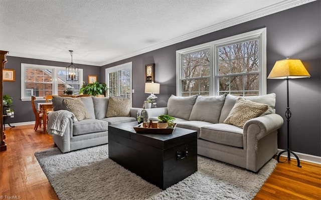 living area with a notable chandelier, ornamental molding, a textured ceiling, wood finished floors, and baseboards