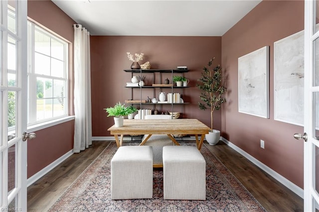 office with plenty of natural light and dark hardwood / wood-style flooring