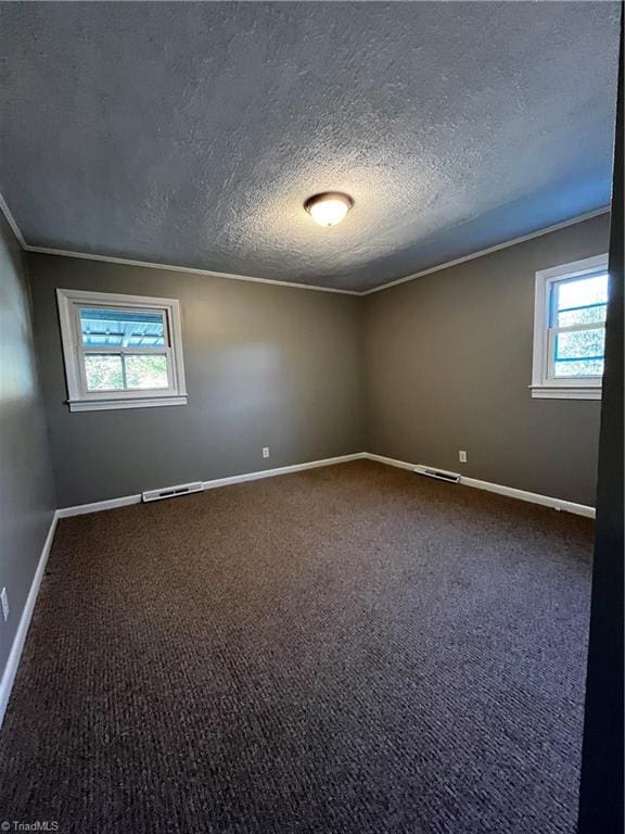 carpeted empty room featuring a textured ceiling and crown molding