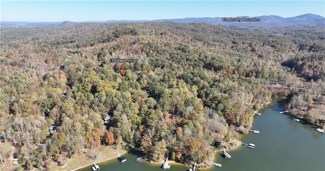 aerial view featuring a water and mountain view and a view of trees
