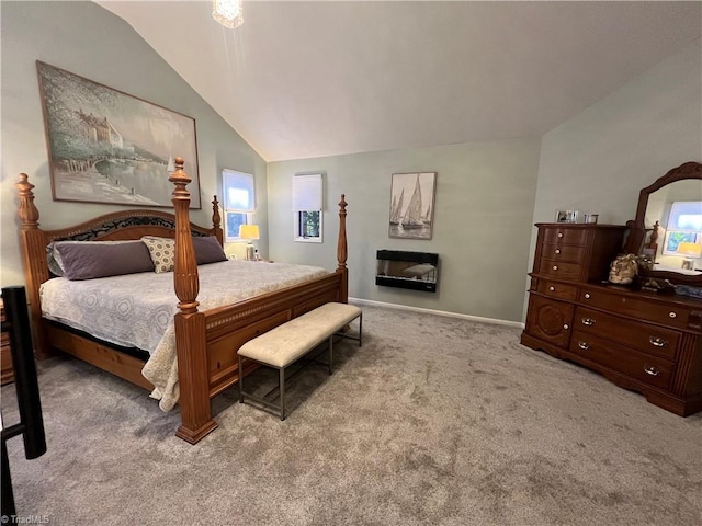 bedroom with a fireplace, lofted ceiling, baseboards, and carpet