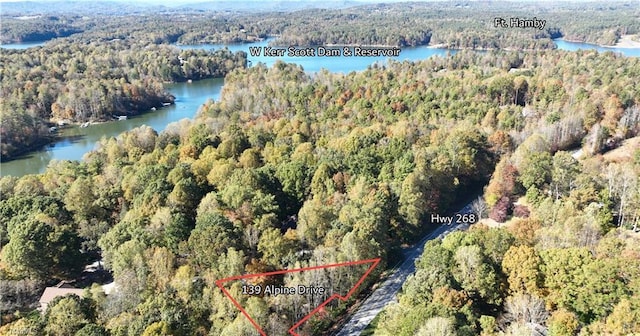 bird's eye view featuring a forest view and a water view
