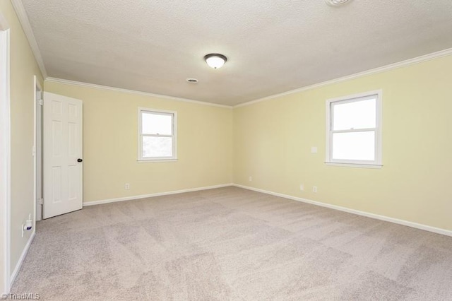 spare room with ornamental molding, a healthy amount of sunlight, and light colored carpet