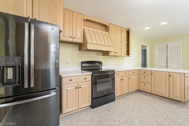 kitchen featuring custom range hood, black range with electric cooktop, light brown cabinetry, and stainless steel fridge with ice dispenser