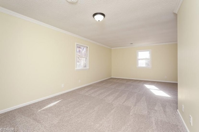 unfurnished room with crown molding, light colored carpet, and a textured ceiling