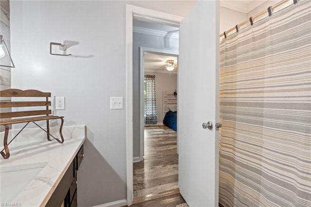 5215 Hicone Rd, Mcleansville, NC 27301 - bathroom featuring wood finished floors, ornamental molding, baseboards, vanity, and ceiling fan
