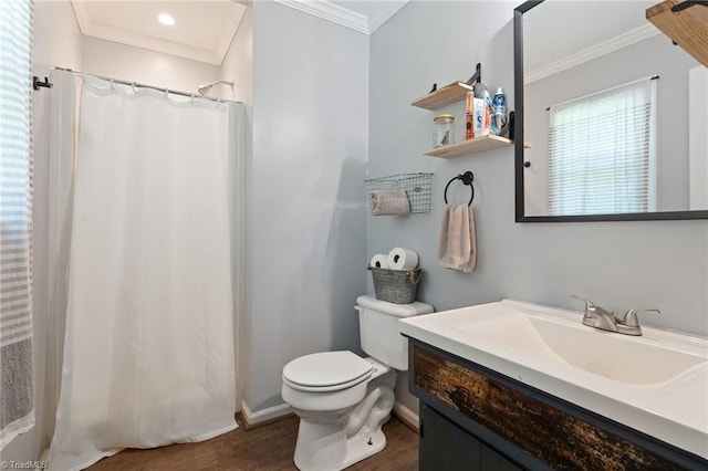 5215 Hicone Rd, Mcleansville, NC 27301 - bathroom featuring vanity, wood finished floors, toilet, ornamental molding, and a shower with shower curtain