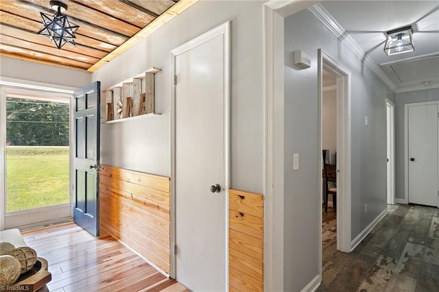 5215 Hicone Rd, Mcleansville, NC 27301 - hall featuring attic access, ornamental molding, and wood finished floors