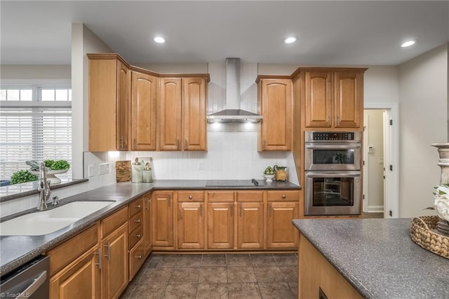 8602 Yvonne Ct, Oak Ridge, NC 27310 - kitchen with a sink, wall chimney exhaust hood, decorative backsplash, dark countertops, and appliances with stainless steel finishes