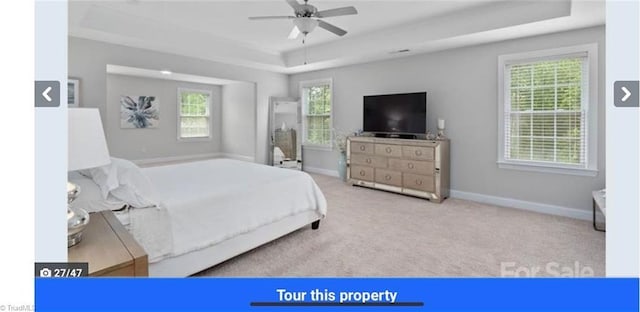 7464 Albemarle Ct, Denver, NC 28037 - bedroom with a raised ceiling, carpet flooring, and a ceiling fan