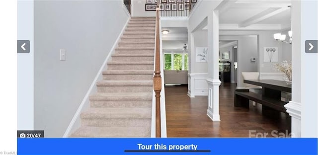 7464 Albemarle Ct, Denver, NC 28037 - stairs with wood finished floors, ornamental molding, beamed ceiling, and coffered ceiling