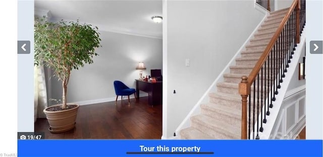 7464 Albemarle Ct, Denver, NC 28037 - staircase with wood finished floors and crown molding