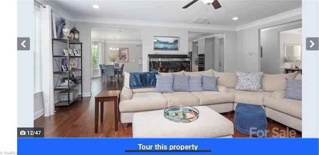 7464 Albemarle Ct, Denver, NC 28037 - living room featuring ornamental molding, wood finished floors, ceiling fan, and recessed lighting