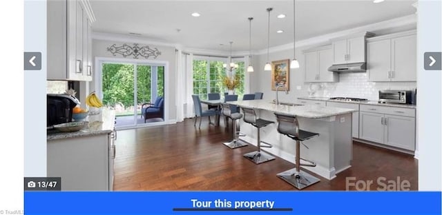 7464 Albemarle Ct, Denver, NC 28037 - kitchen with under cabinet range hood, crown molding, a breakfast bar, dark wood-style flooring, and decorative backsplash