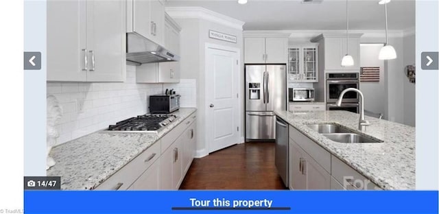 7464 Albemarle Ct, Denver, NC 28037 - kitchen with under cabinet range hood, appliances with stainless steel finishes, glass insert cabinets, tasteful backsplash, and ornamental molding