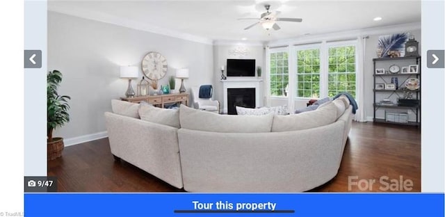 7464 Albemarle Ct, Denver, NC 28037 - living room featuring ceiling fan, a fireplace, dark wood-type flooring, crown molding, and recessed lighting