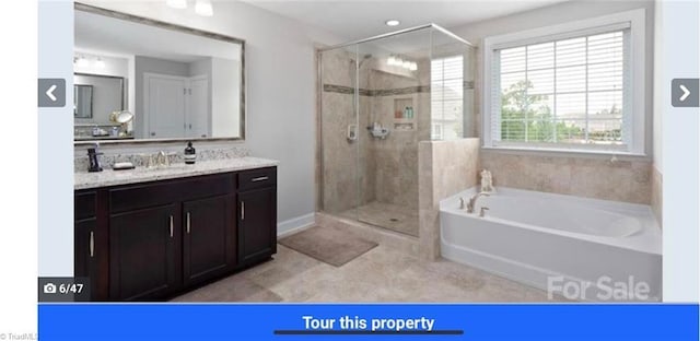 7464 Albemarle Ct, Denver, NC 28037 - bathroom with a garden tub, a stall shower, vanity, and tile patterned flooring