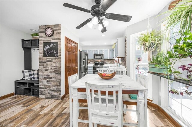1705 Braemore Ct, Kernersville, NC 27284 - dining space with baseboards, a ceiling fan, recessed lighting, and light wood-style flooring