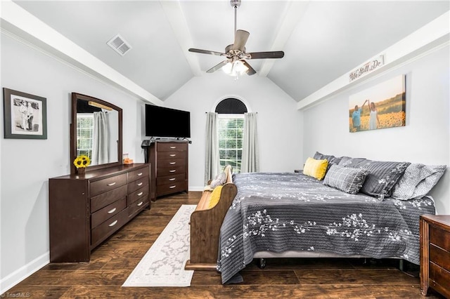 1705 Braemore Ct, Kernersville, NC 27284 - bedroom featuring ceiling fan, baseboards, vaulted ceiling with beams, wood finished floors, and visible vents
