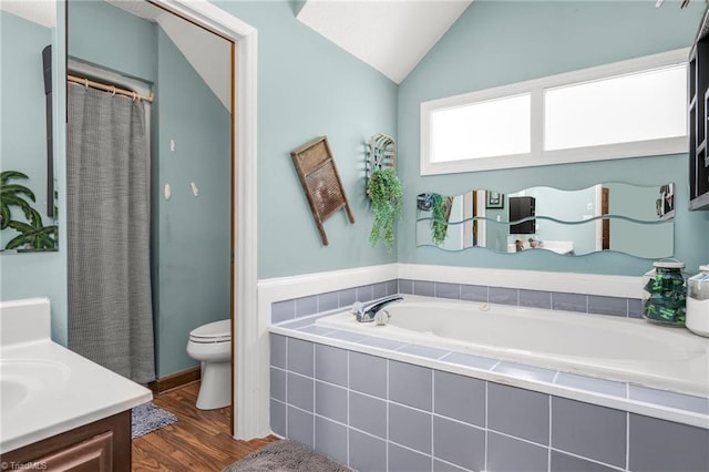 1705 Braemore Ct, Kernersville, NC 27284 - full bathroom featuring vanity, lofted ceiling, wood finished floors, toilet, and a bath