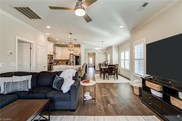 living room with ceiling fan with notable chandelier, dark wood-type flooring, and ornamental molding