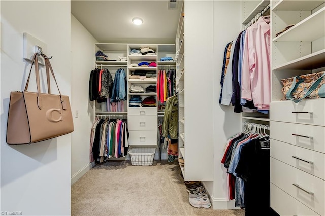 spacious closet featuring light colored carpet