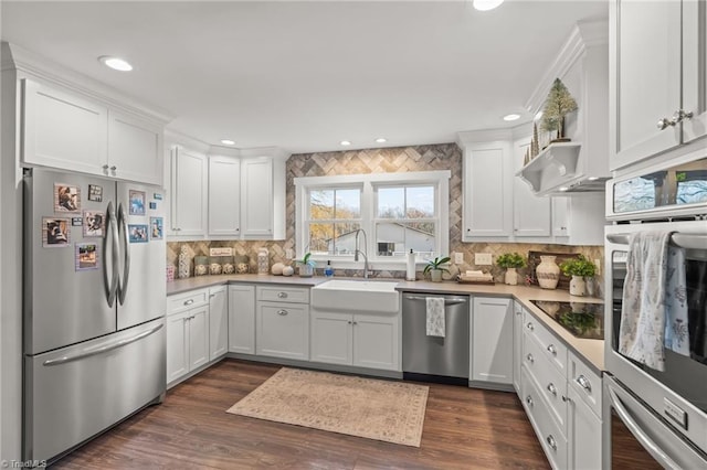 kitchen with white cabinets, dark hardwood / wood-style floors, and stainless steel appliances