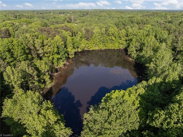 aerial view with a water view and a wooded view