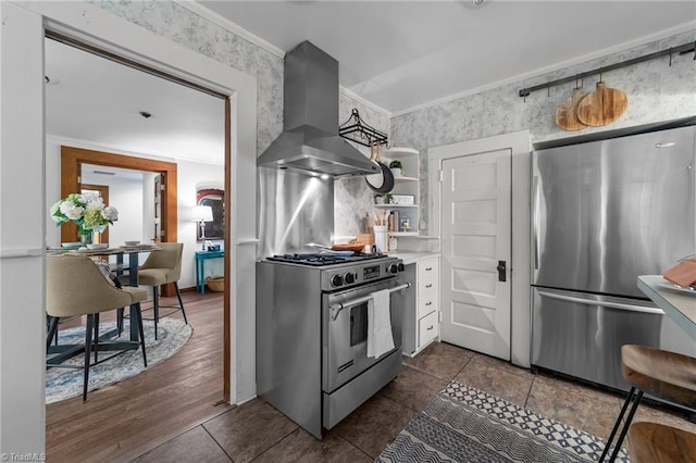 kitchen with range hood, open shelves, light countertops, ornamental molding, and stainless steel appliances