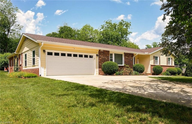 ranch-style home with brick siding, an attached garage, driveway, and a front yard