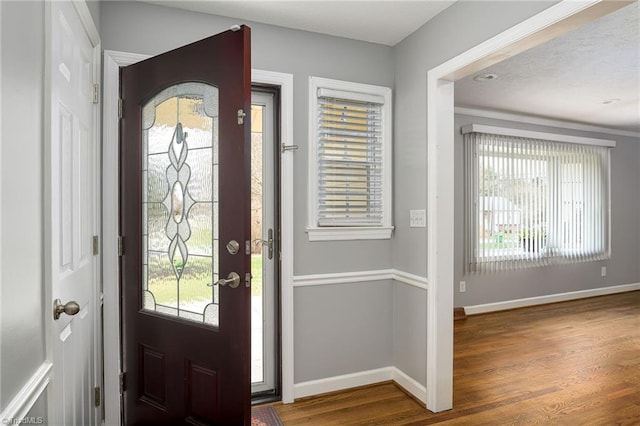 entrance foyer featuring wood finished floors, healthy amount of natural light, and baseboards